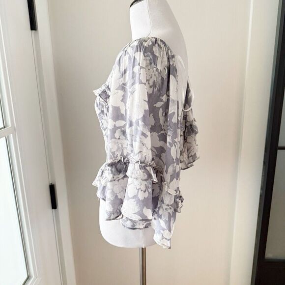 Mustard Seed Boho Floral Angel Wing Blouse Top Small Cropped Stretch - Picture 4 of 13